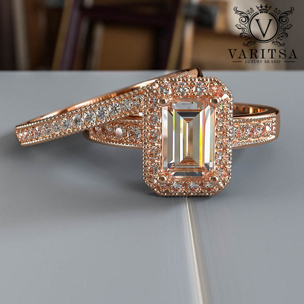 1.6ct Baguette Diamond Gold Halo Bridal Set - 02US38